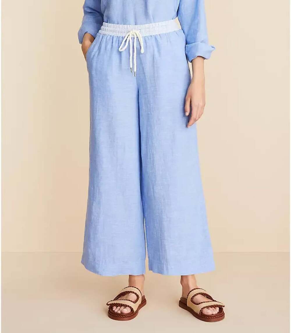 Lou & Grey Blue Linen Blend Wide Leg Drawstring Pants with Gingham Waistband